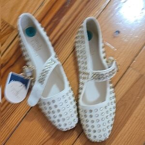 Camila Coelho White and Gold Studded Flats